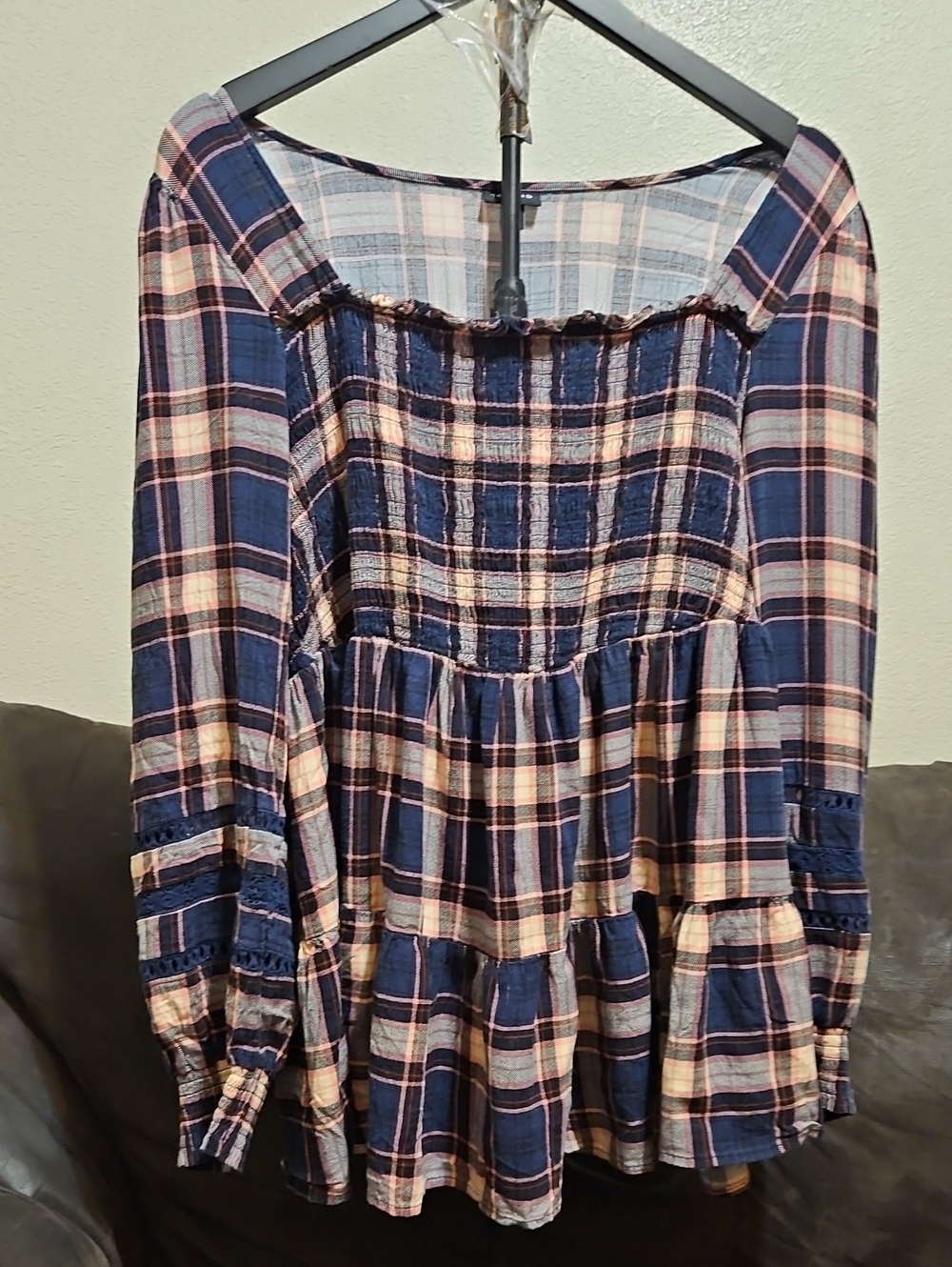 torrid Navy and Pink Plaid Smocked Tiered Blouse